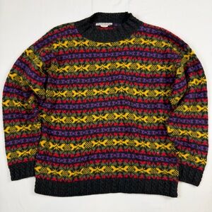 Vintage Rose Fair Isle Knit Sweater | 90s Colorful Chunky Cozy Pullover M/L